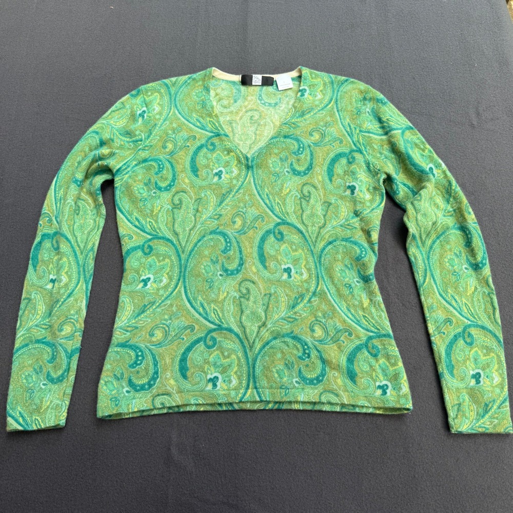 Saks Fifth Avenue Green Paisley 100% Cashmere V-Neck Sweater Womens Large